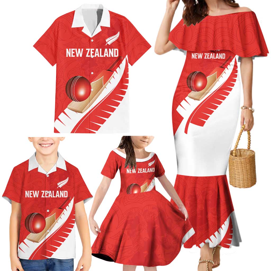 Custom New Zealand Cricket Family Matching Mermaid Dress and Hawaiian Shirt Kiwi Birds Haka Dance Red Fern Sporty Style