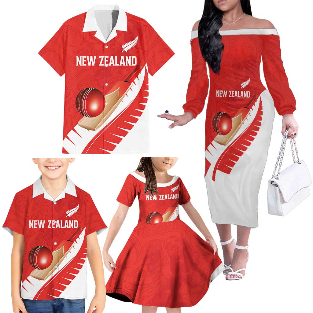 Custom New Zealand Cricket Family Matching Off The Shoulder Long Sleeve Dress and Hawaiian Shirt Kiwi Birds Haka Dance Red Fern Sporty Style