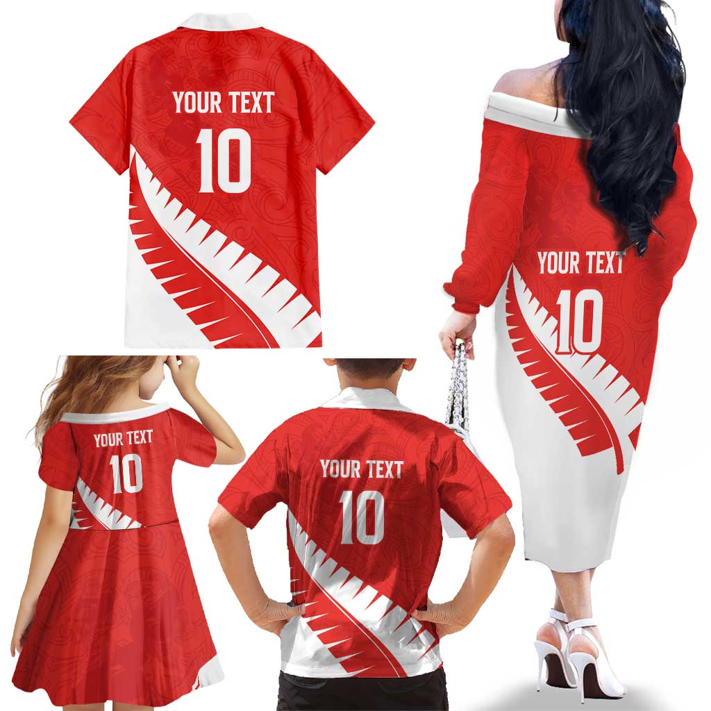 Custom New Zealand Cricket Family Matching Off The Shoulder Long Sleeve Dress and Hawaiian Shirt Kiwi Birds Haka Dance Red Fern Sporty Style