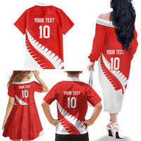 Custom New Zealand Cricket Family Matching Off The Shoulder Long Sleeve Dress and Hawaiian Shirt Kiwi Birds Haka Dance Red Fern Sporty Style