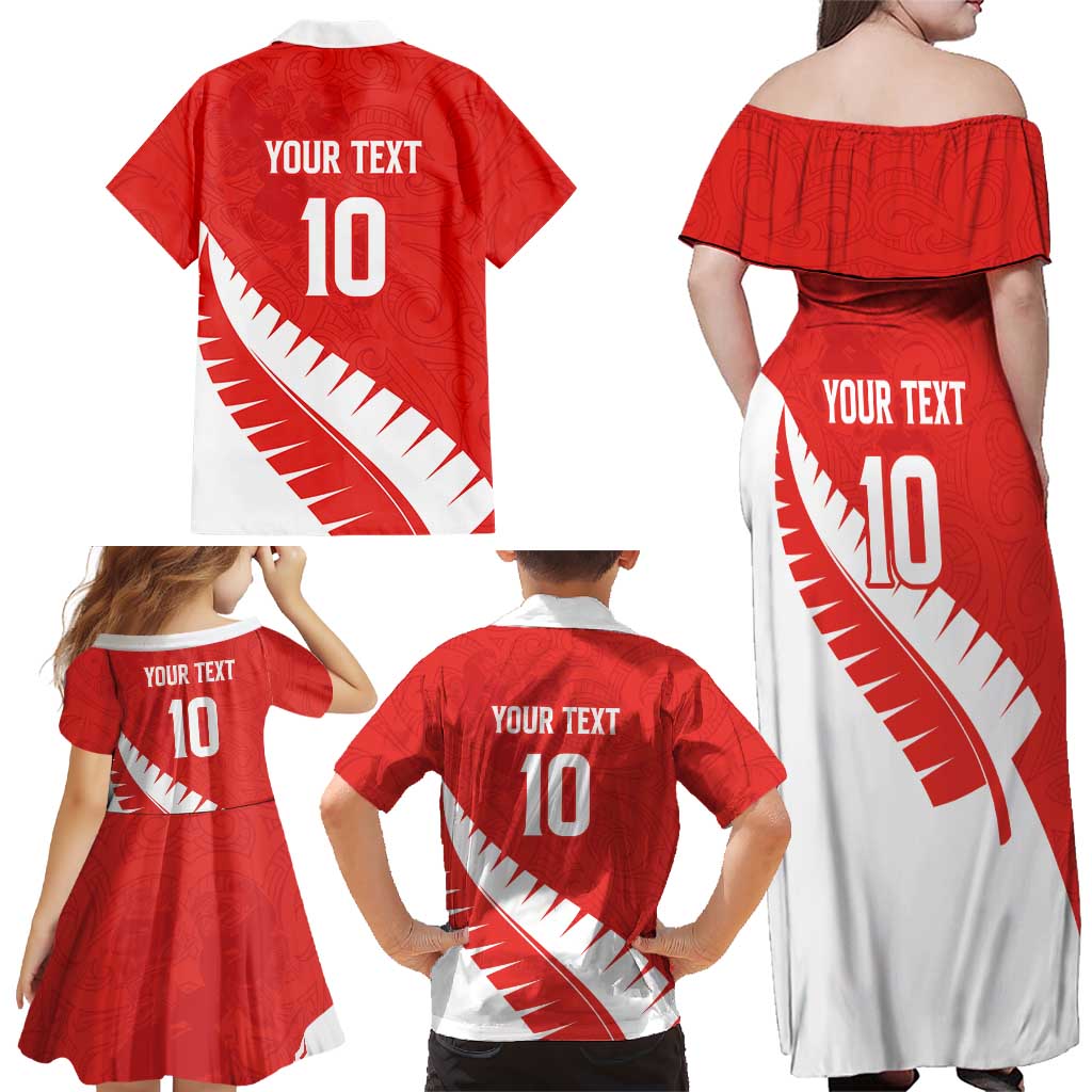 Custom New Zealand Cricket Family Matching Off Shoulder Maxi Dress and Hawaiian Shirt Kiwi Birds Haka Dance Red Fern Sporty Style