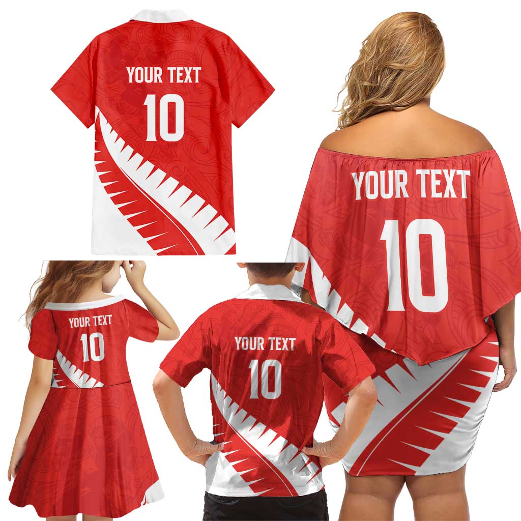 Custom New Zealand Cricket Family Matching Off Shoulder Short Dress and Hawaiian Shirt Kiwi Birds Haka Dance Red Fern Sporty Style