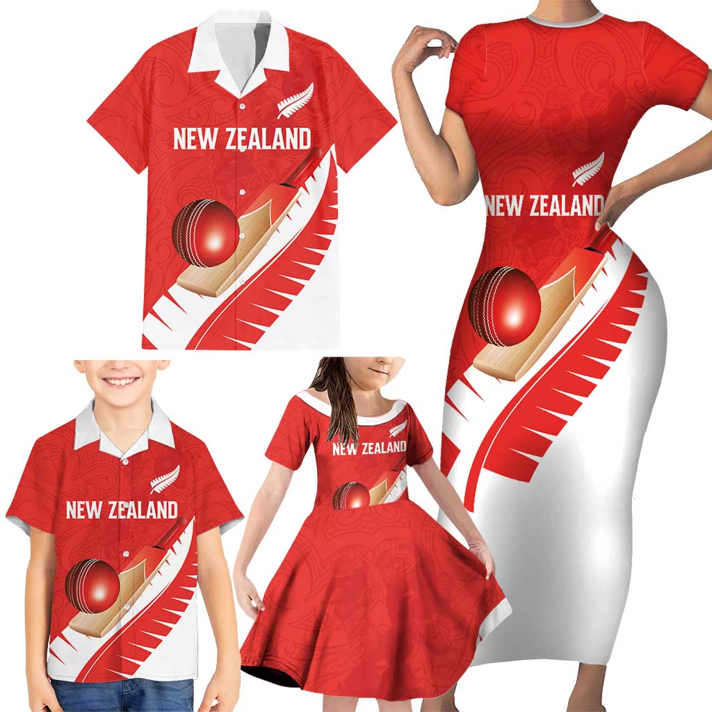 Custom New Zealand Cricket Family Matching Short Sleeve Bodycon Dress and Hawaiian Shirt Kiwi Birds Haka Dance Red Fern Sporty Style