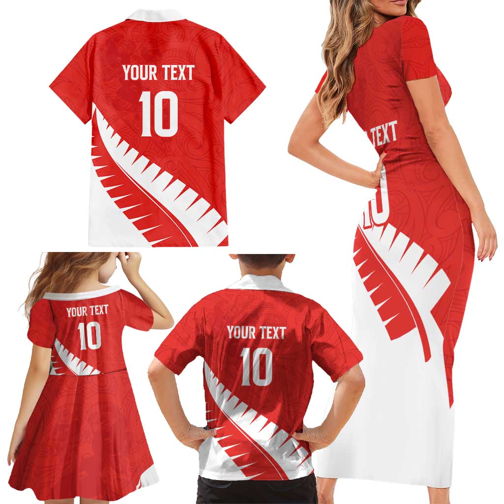 Custom New Zealand Cricket Family Matching Short Sleeve Bodycon Dress and Hawaiian Shirt Kiwi Birds Haka Dance Red Fern Sporty Style