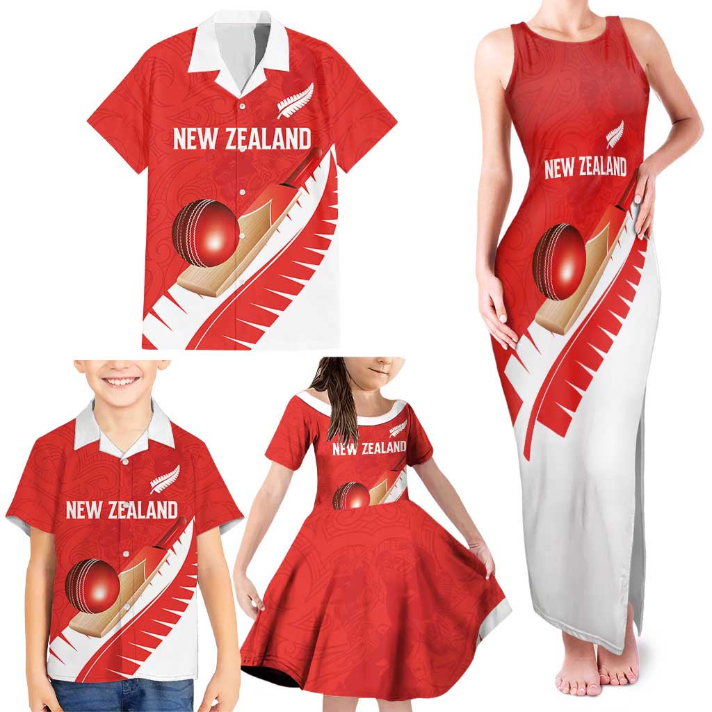 Custom New Zealand Cricket Family Matching Tank Maxi Dress and Hawaiian Shirt Kiwi Birds Haka Dance Red Fern Sporty Style