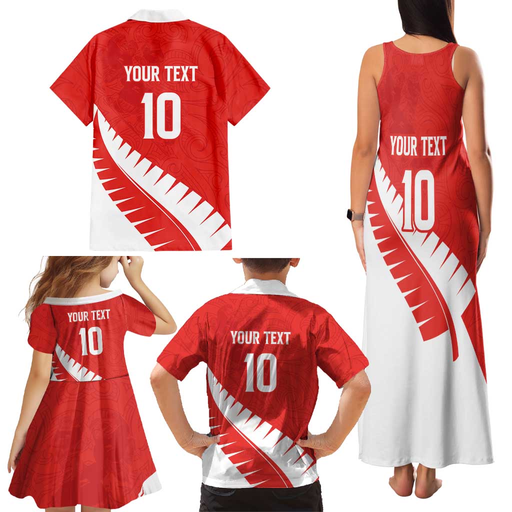 Custom New Zealand Cricket Family Matching Tank Maxi Dress and Hawaiian Shirt Kiwi Birds Haka Dance Red Fern Sporty Style