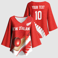 Custom New Zealand Cricket Kimono Sleeve Blouse Kiwi Birds Haka Dance Red Fern Sporty Style