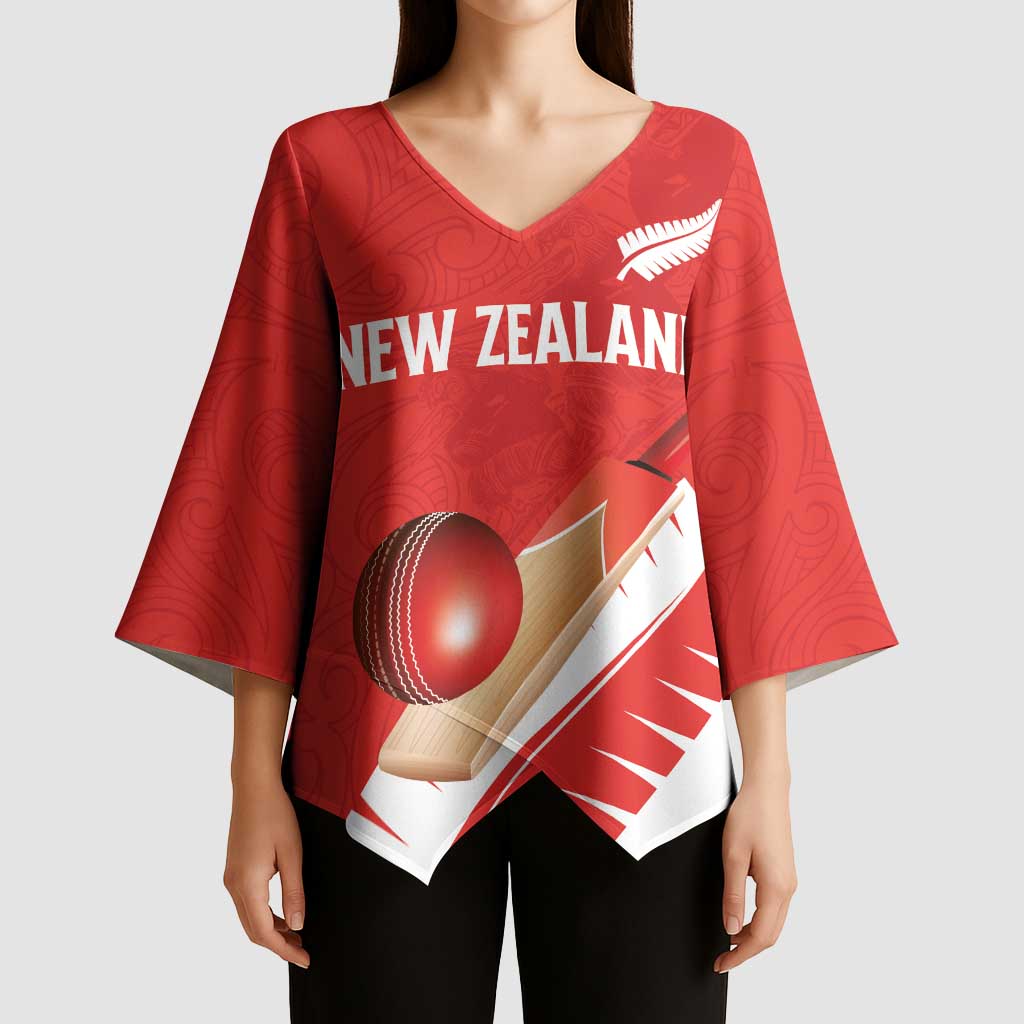 Custom New Zealand Cricket Kimono Sleeve Blouse Kiwi Birds Haka Dance Red Fern Sporty Style