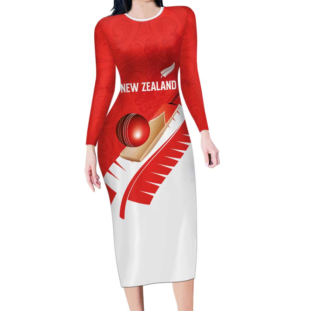 Custom New Zealand Cricket Long Sleeve Bodycon Dress Kiwi Birds Haka Dance Red Fern Sporty Style