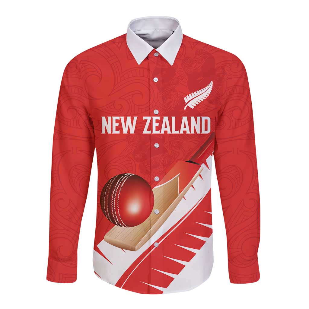 Custom New Zealand Cricket Long Sleeve Button Shirt Kiwi Birds Haka Dance Red Fern Sporty Style