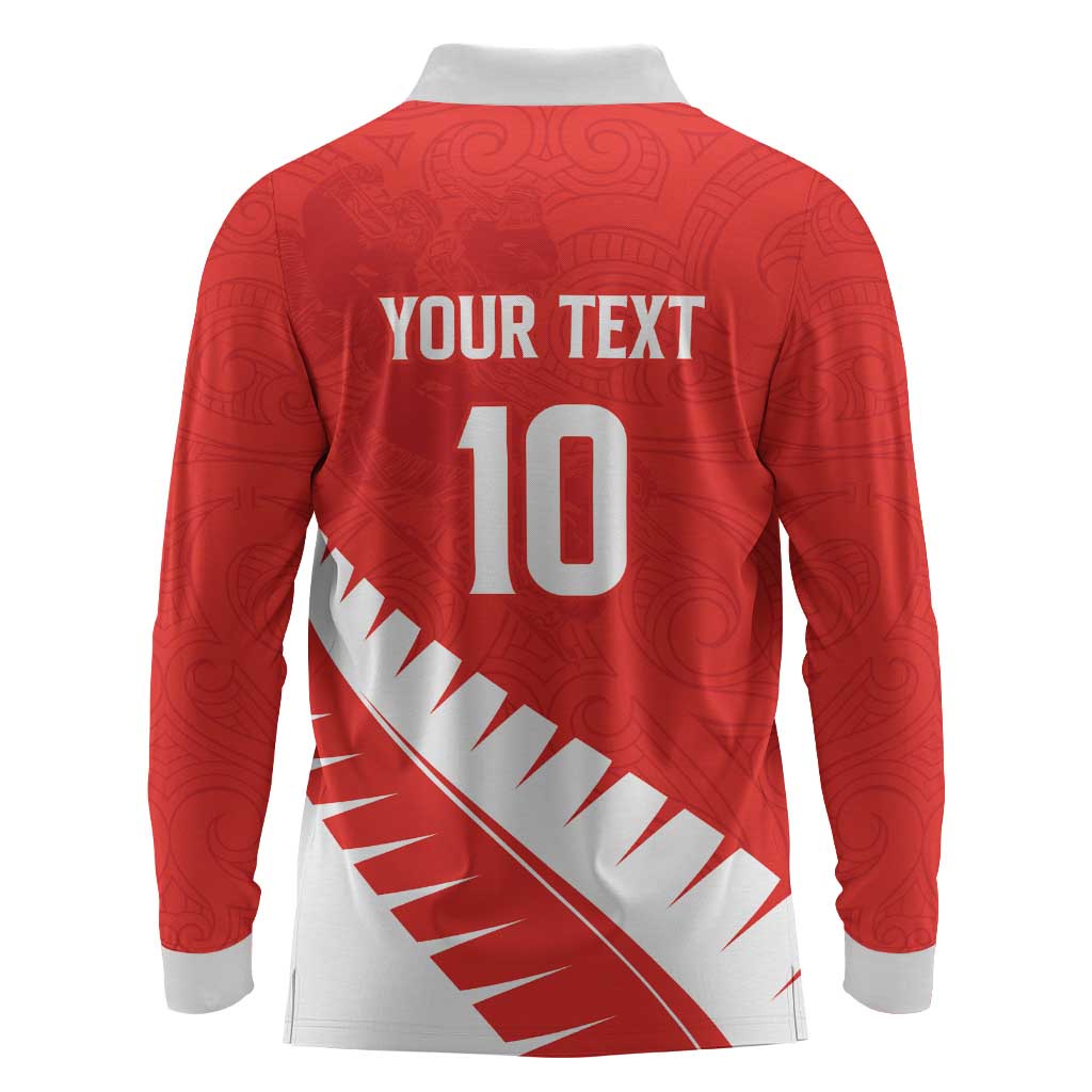 Custom New Zealand Cricket Long Sleeve Polo Shirt Kiwi Birds Haka Dance Red Fern Sporty Style