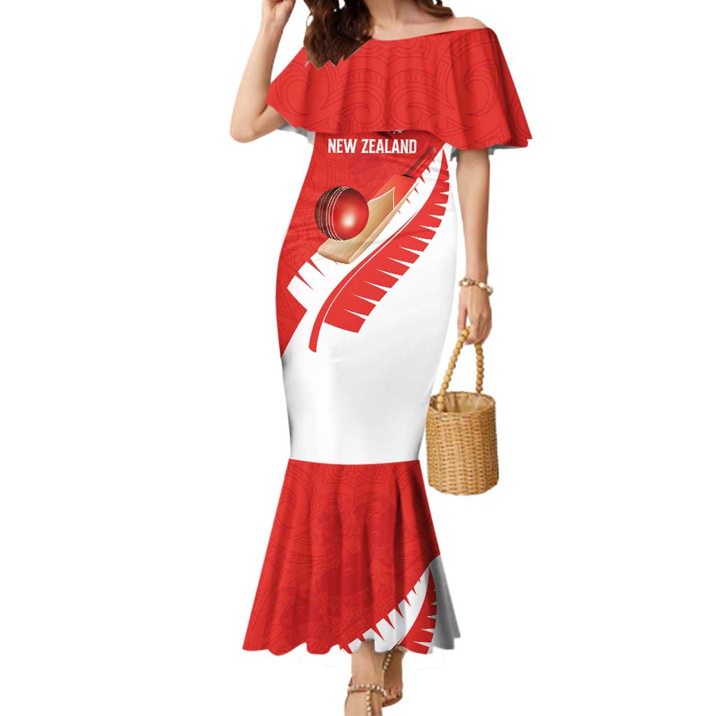 Custom New Zealand Cricket Mermaid Dress Kiwi Birds Haka Dance Red Fern Sporty Style