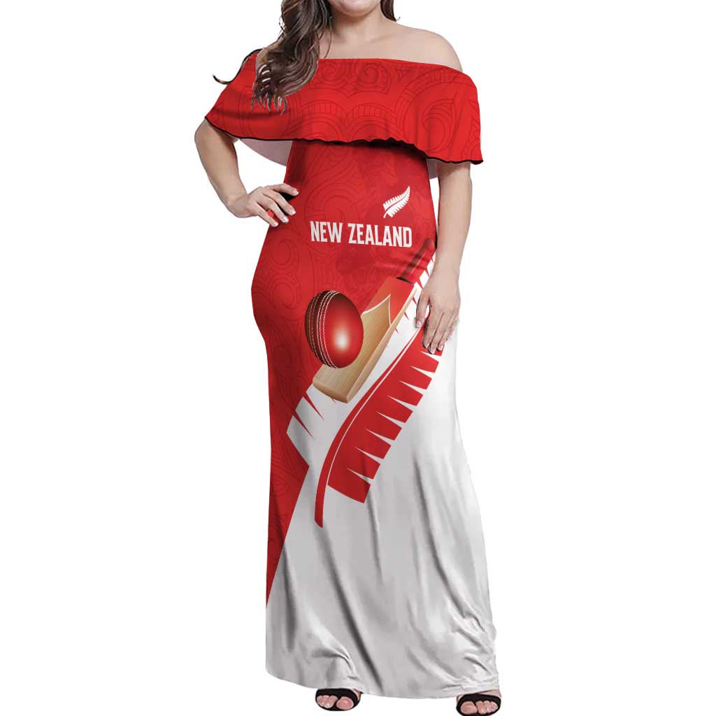 Custom New Zealand Cricket Off Shoulder Maxi Dress Kiwi Birds Haka Dance Red Fern Sporty Style