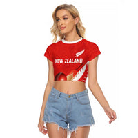 Custom New Zealand Cricket Raglan Cropped T Shirt Kiwi Birds Haka Dance Red Fern Sporty Style