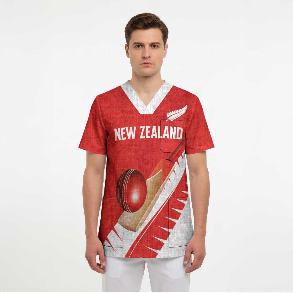 Custom New Zealand Cricket Scrub Top Kiwi Birds Haka Dance Red Fern Sporty Style