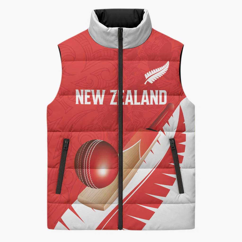 Custom New Zealand Cricket Sleeveless Puffer Jacket Kiwi Birds Haka Dance Red Fern Sporty Style