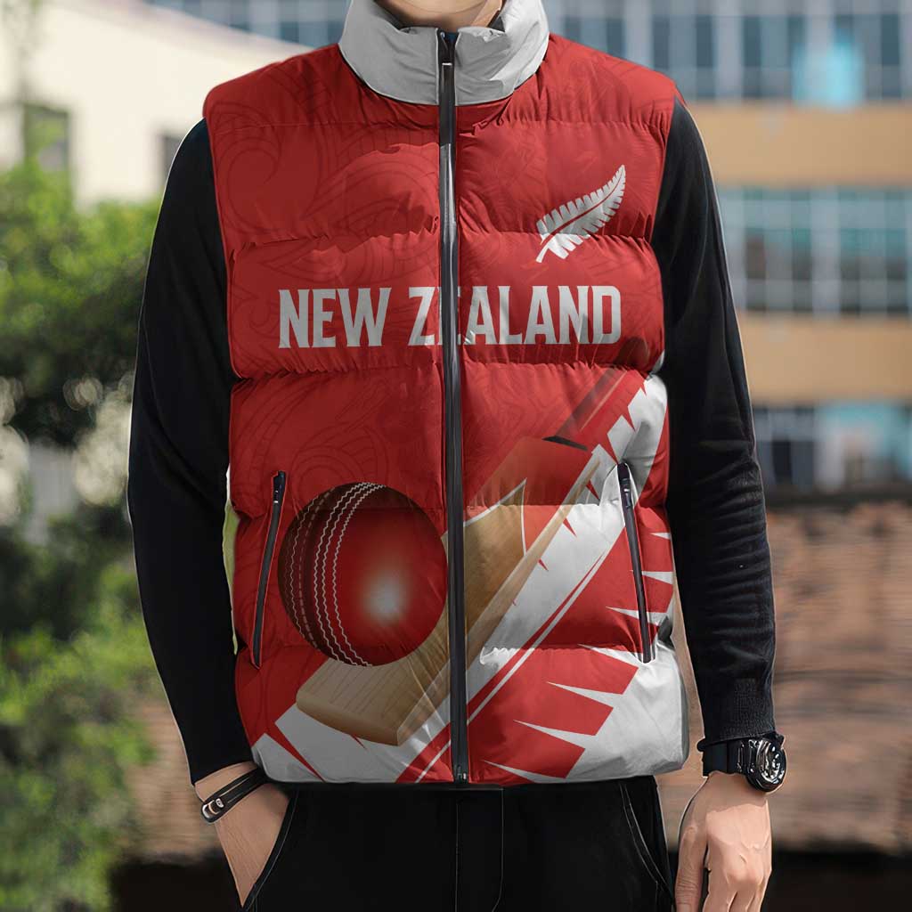 Custom New Zealand Cricket Sleeveless Puffer Jacket Kiwi Birds Haka Dance Red Fern Sporty Style