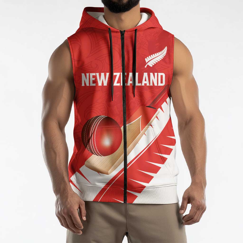 Custom New Zealand Cricket Sleeveless Zip Hoodie Kiwi Birds Haka Dance Red Fern Sporty Style