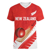 Custom New Zealand Cricket Women V-Neck T-Shirt Kiwi Birds Haka Dance Red Fern Sporty Style