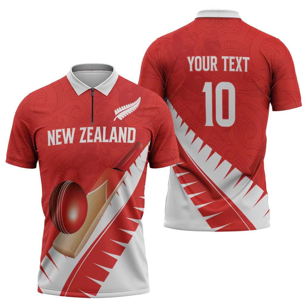 Custom New Zealand Cricket Zipper Polo Shirt Kiwi Birds Haka Dance Red Fern Sporty Style