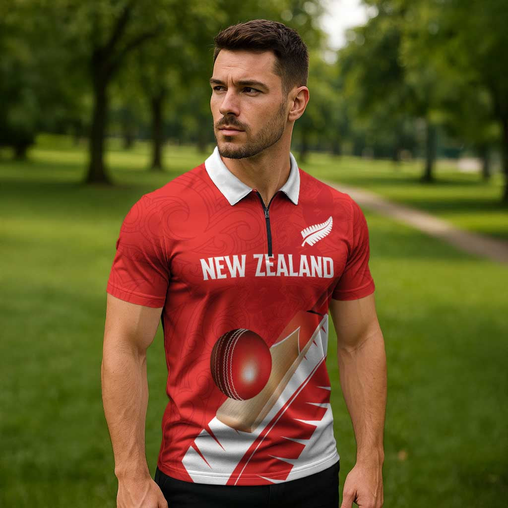 Custom New Zealand Cricket Zipper Polo Shirt Kiwi Birds Haka Dance Red Fern Sporty Style
