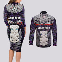 New Zealand Hei Tiki Couples Matching Long Sleeve Bodycon Dress and Long Sleeve Button Shirt Maori Purple Papua Shell Pattern LT03 - Polynesian Pride