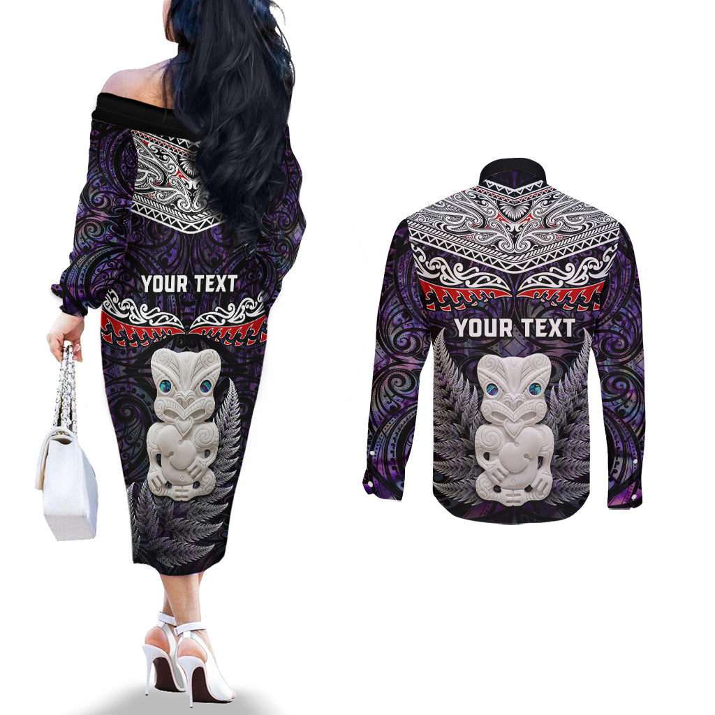 New Zealand Hei Tiki Couples Matching Off The Shoulder Long Sleeve Dress and Long Sleeve Button Shirt Maori Purple Papua Shell Pattern LT03 - Polynesian Pride