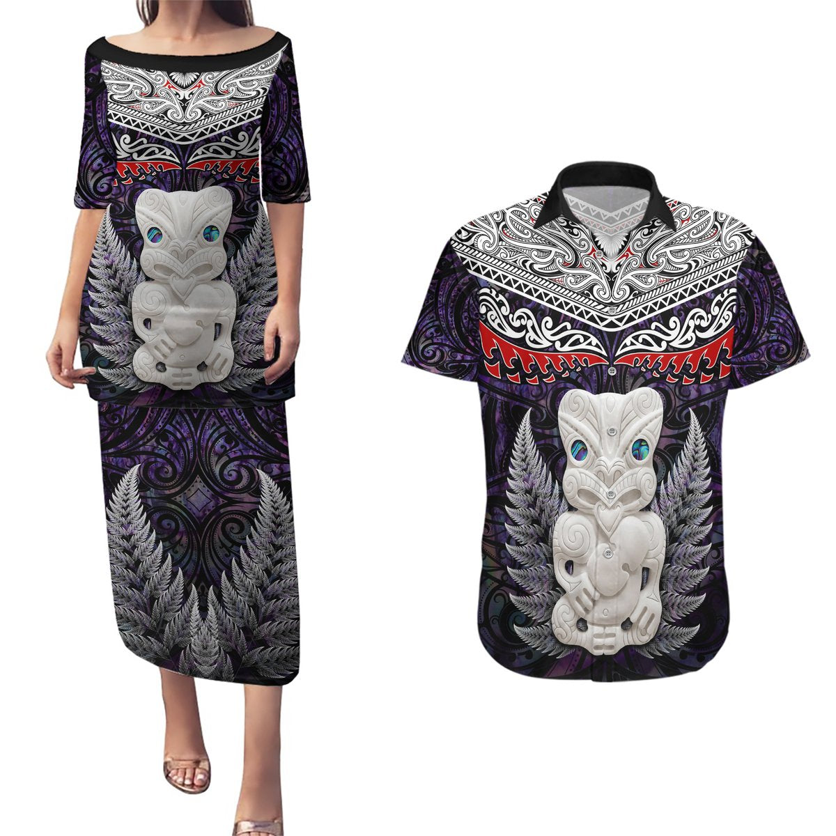 New Zealand Hei Tiki Couples Matching Puletasi and Hawaiian Shirt Maori Purple Papua Shell Pattern LT03 Purple - Polynesian Pride