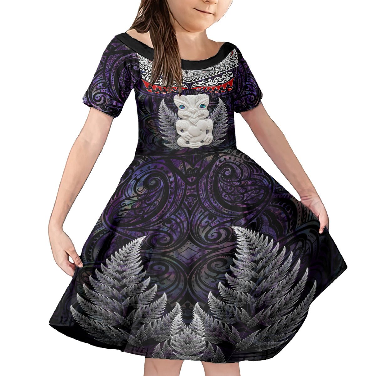 New Zealand Hei Tiki Family Matching Long Sleeve Bodycon Dress and Hawaiian Shirt Maori Purple Papua Shell Pattern LT03 Daughter's Dress Purple - Polynesian Pride