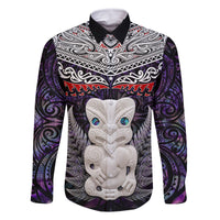 New Zealand Hei Tiki Family Matching Long Sleeve Bodycon Dress and Hawaiian Shirt Maori Purple Papua Shell Pattern LT03 Dad's Shirt - Long Sleeve Purple - Polynesian Pride