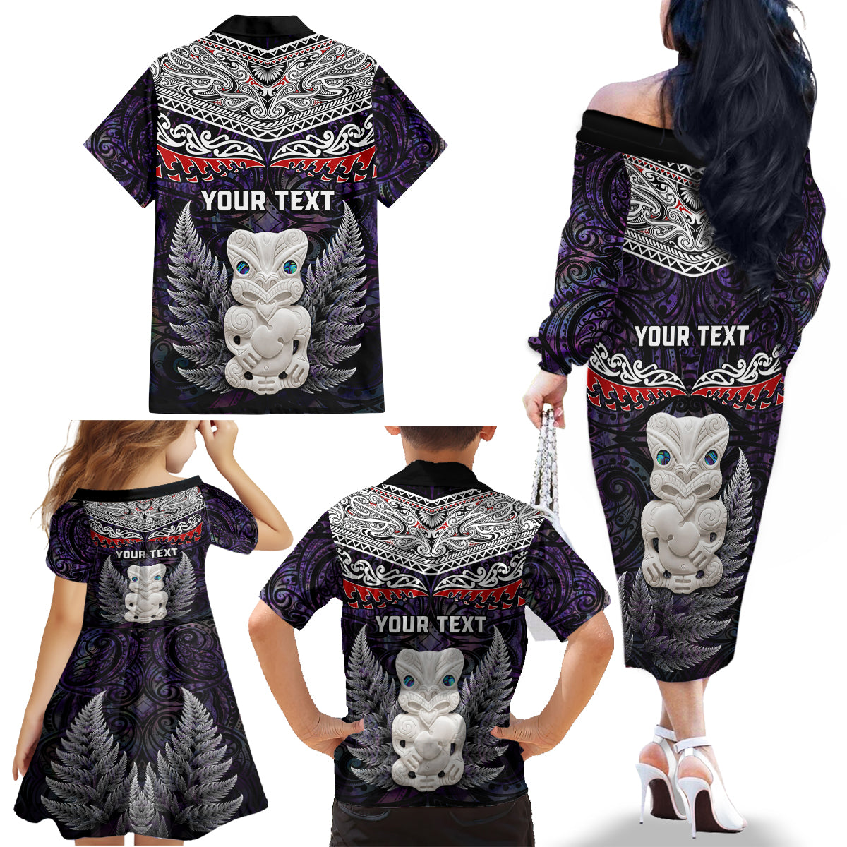 New Zealand Hei Tiki Family Matching Off Shoulder Long Sleeve Dress and Hawaiian Shirt Maori Purple Papua Shell Pattern LT03 - Polynesian Pride