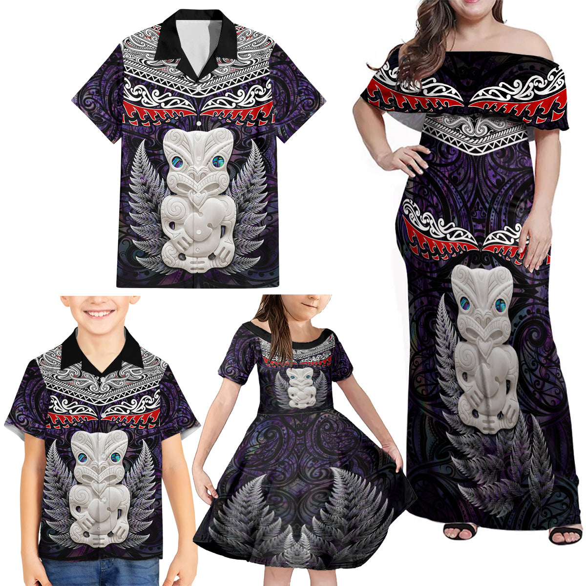 New Zealand Hei Tiki Family Matching Off Shoulder Maxi Dress and Hawaiian Shirt Maori Purple Papua Shell Pattern LT03 - Polynesian Pride