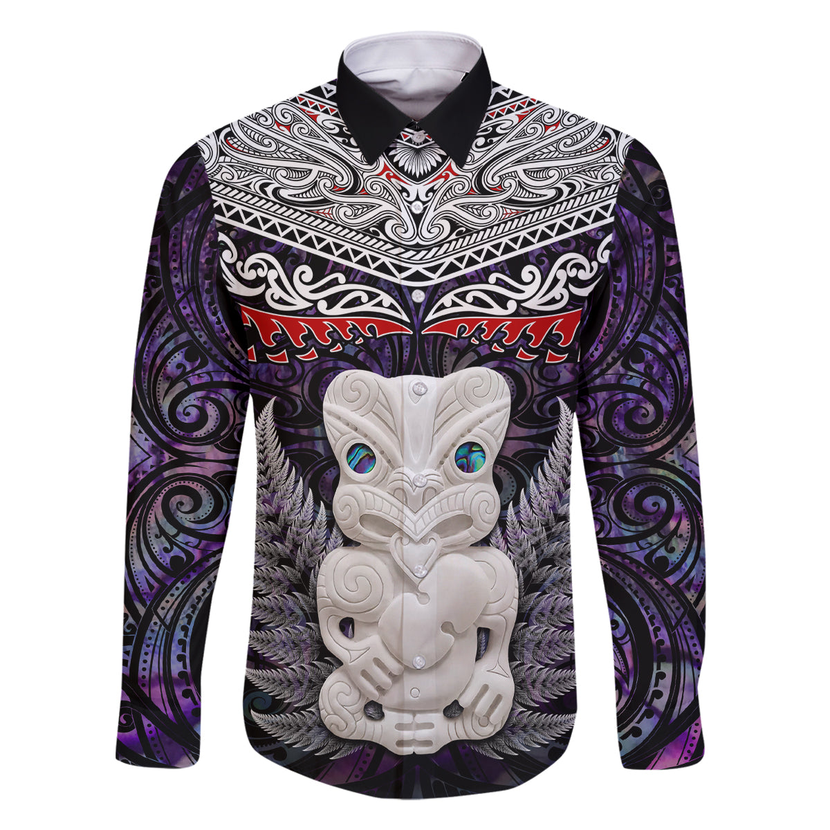 New Zealand Hei Tiki Family Matching Off Shoulder Maxi Dress and Hawaiian Shirt Maori Purple Papua Shell Pattern LT03 Dad's Shirt - Long Sleeve Purple - Polynesian Pride