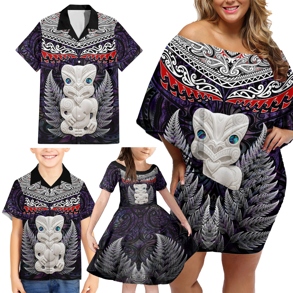 New Zealand Hei Tiki Family Matching Off Shoulder Short Dress and Hawaiian Shirt Maori Purple Papua Shell Pattern LT03 - Polynesian Pride