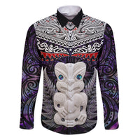 New Zealand Hei Tiki Family Matching Puletasi and Hawaiian Shirt Maori Purple Papua Shell Pattern LT03 Dad's Shirt - Long Sleeve Purple - Polynesian Pride