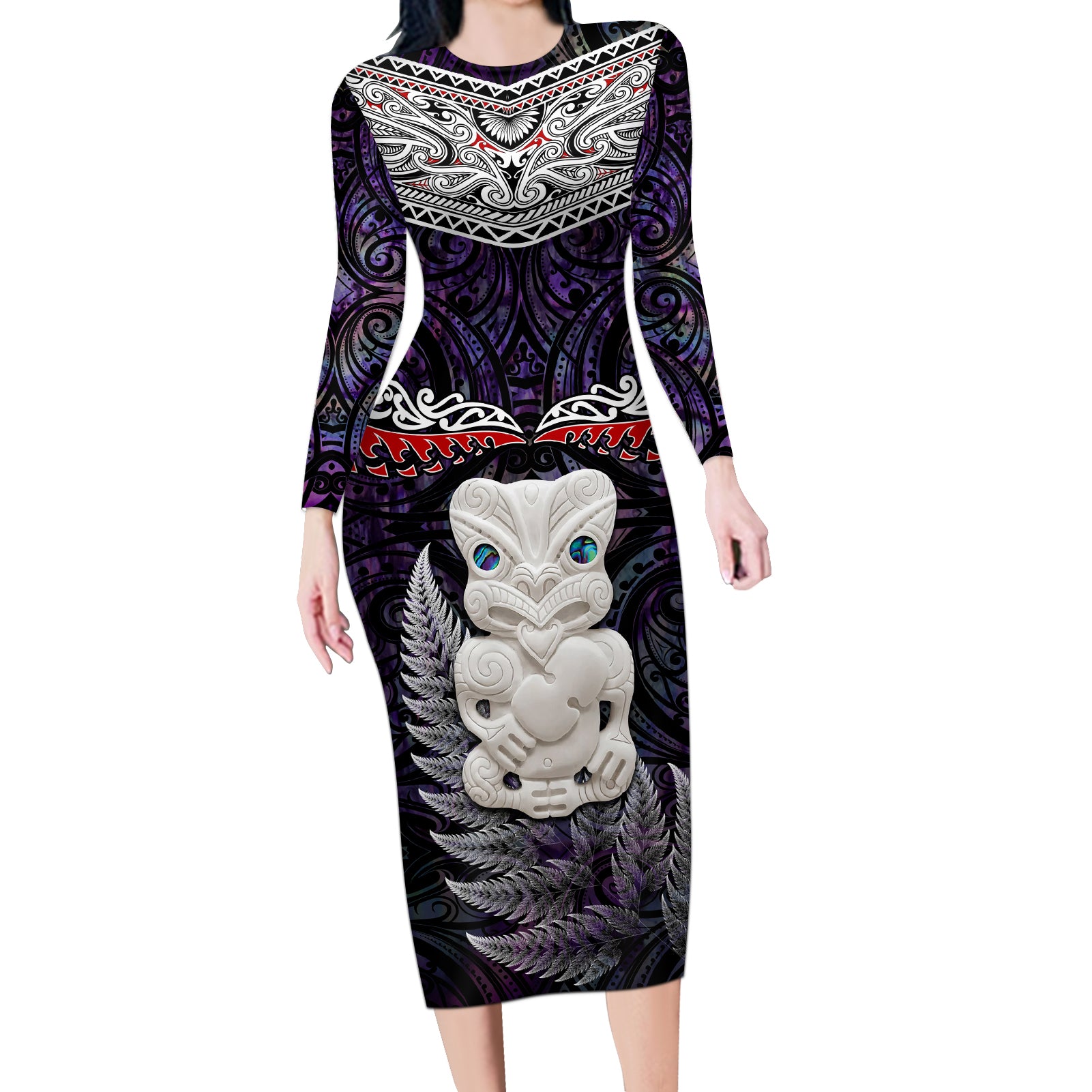 New Zealand Hei Tiki Long Sleeve Bodycon Dress Maori Purple Papua Shell Pattern LT03 Long Dress Purple - Polynesian Pride