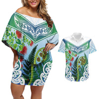 Aotearoa New Zealand Natural Plants Couples Matching Off Shoulder Short Dress and Hawaiian Shirt Pohutukawa with Silver Ferns Koru Frond Maori Tattoos