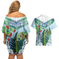 Aotearoa New Zealand Natural Plants Couples Matching Off Shoulder Short Dress and Hawaiian Shirt Pohutukawa with Silver Ferns Koru Frond Maori Tattoos