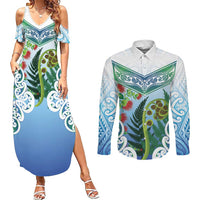 Aotearoa New Zealand Natural Plants Couples Matching Summer Maxi Dress and Long Sleeve Button Shirt Pohutukawa with Silver Ferns Koru Frond Maori Tattoos