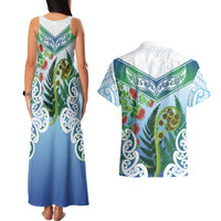 Aotearoa New Zealand Natural Plants Couples Matching Tank Maxi Dress and Hawaiian Shirt Pohutukawa with Silver Ferns Koru Frond Maori Tattoos