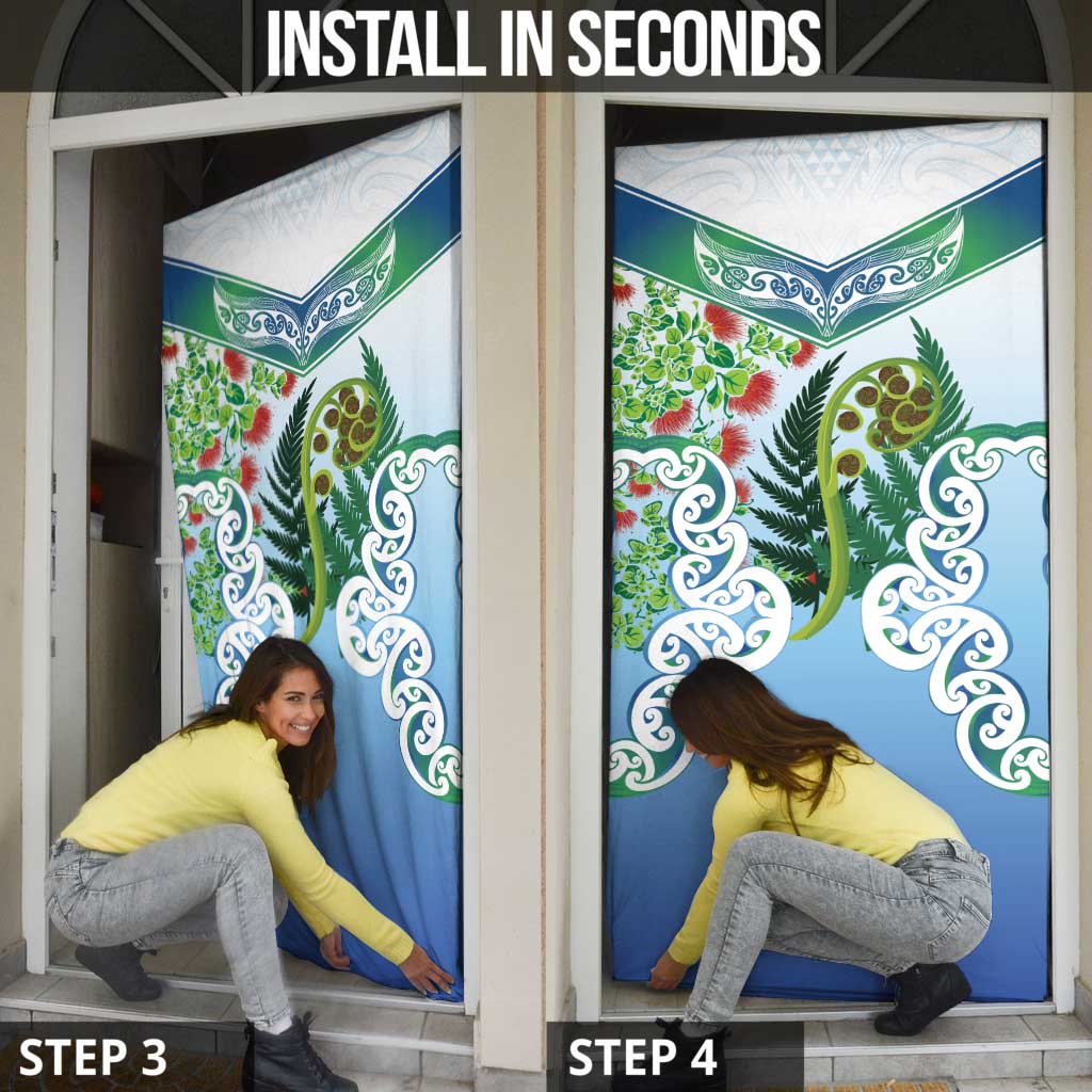 Aotearoa New Zealand Natural Plants Door Cover Pohutukawa with Silver Ferns Koru Frond Maori Tattoos