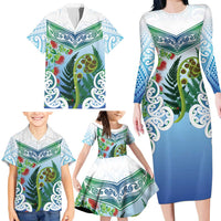 Aotearoa New Zealand Natural Plants Family Matching Long Sleeve Bodycon Dress and Hawaiian Shirt Pohutukawa with Silver Ferns Koru Frond Maori Tattoos