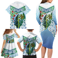 Aotearoa New Zealand Natural Plants Family Matching Long Sleeve Bodycon Dress and Hawaiian Shirt Pohutukawa with Silver Ferns Koru Frond Maori Tattoos