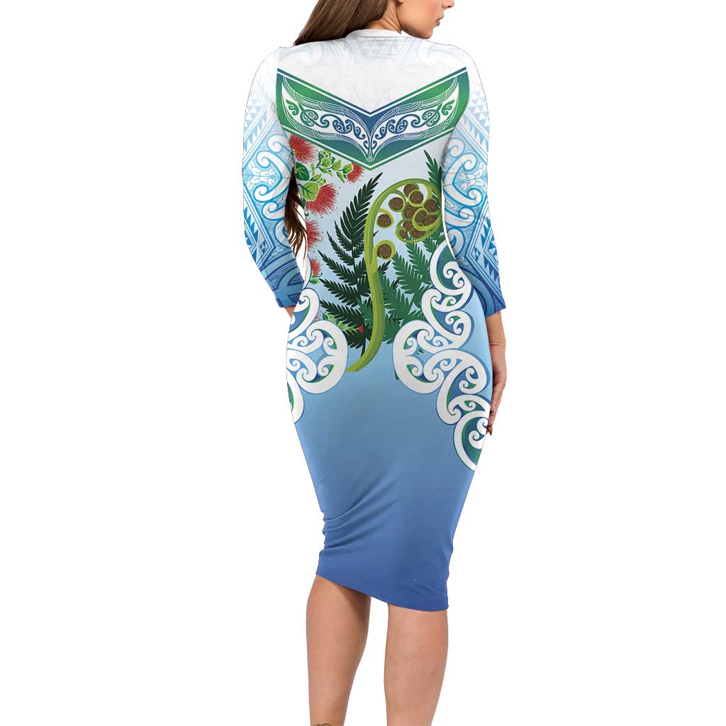 Aotearoa New Zealand Natural Plants Family Matching Long Sleeve Bodycon Dress and Hawaiian Shirt Pohutukawa with Silver Ferns Koru Frond Maori Tattoos