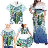 Aotearoa New Zealand Natural Plants Family Matching Off Shoulder Maxi Dress and Hawaiian Shirt Pohutukawa with Silver Ferns Koru Frond Maori Tattoos
