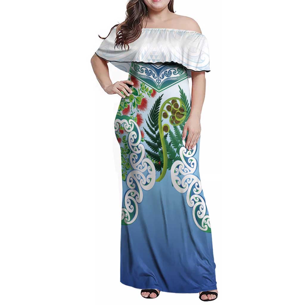 Aotearoa New Zealand Natural Plants Family Matching Off Shoulder Maxi Dress and Hawaiian Shirt Pohutukawa with Silver Ferns Koru Frond Maori Tattoos