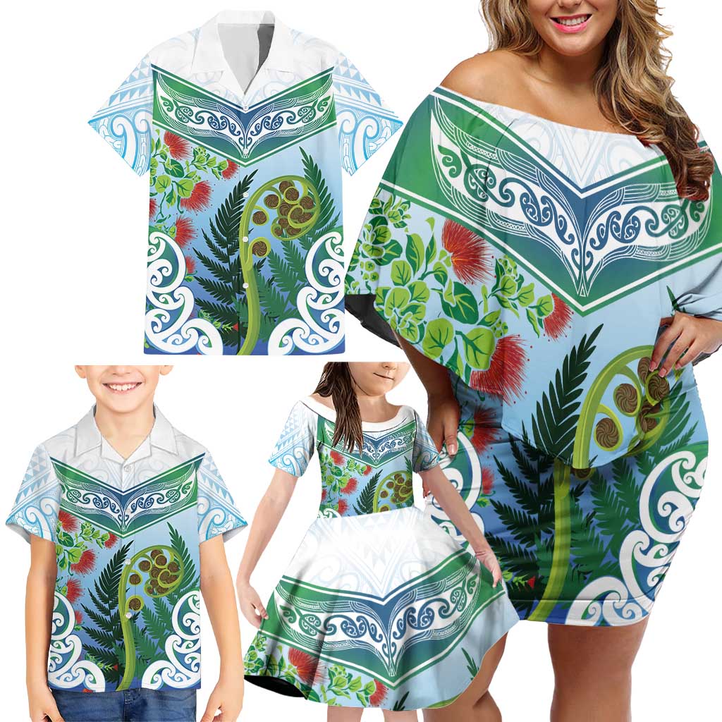 Aotearoa New Zealand Natural Plants Family Matching Off Shoulder Short Dress and Hawaiian Shirt Pohutukawa with Silver Ferns Koru Frond Maori Tattoos