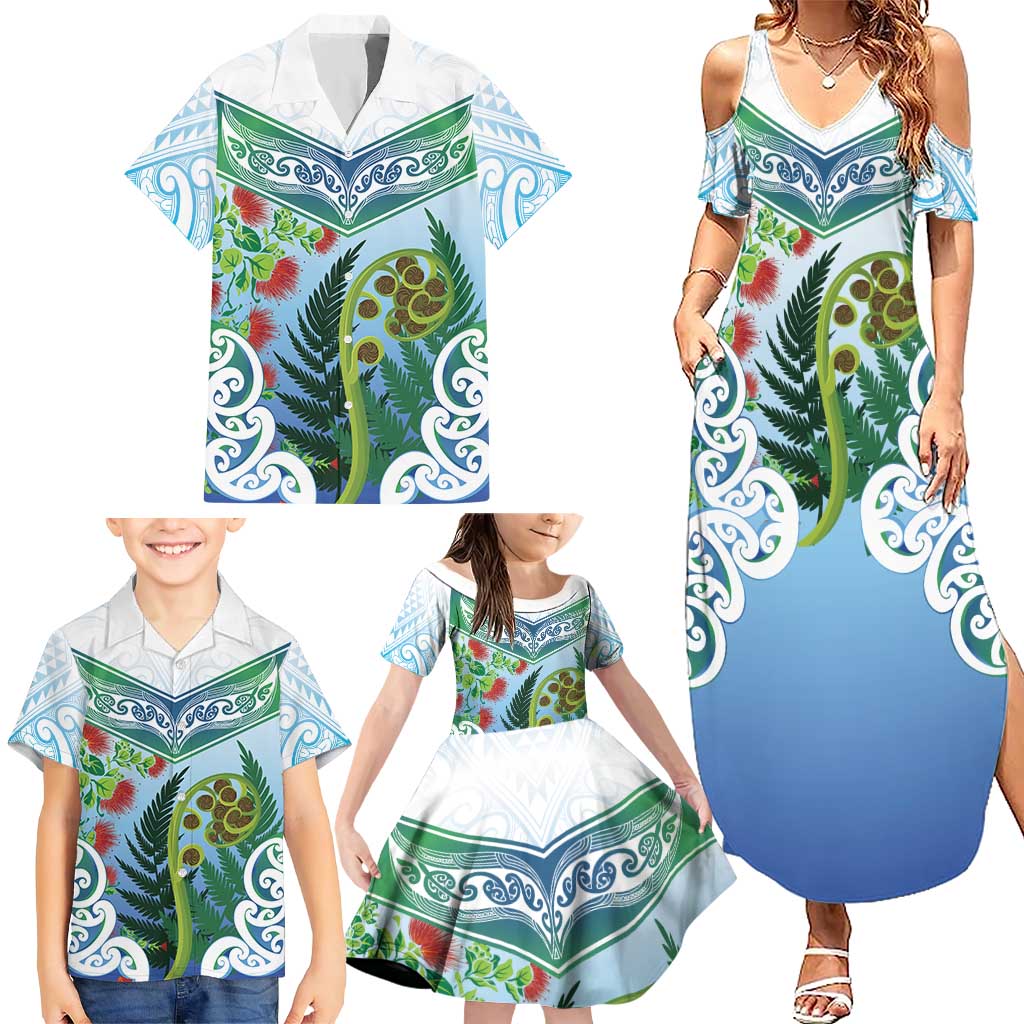 Aotearoa New Zealand Natural Plants Family Matching Summer Maxi Dress and Hawaiian Shirt Pohutukawa with Silver Ferns Koru Frond Maori Tattoos