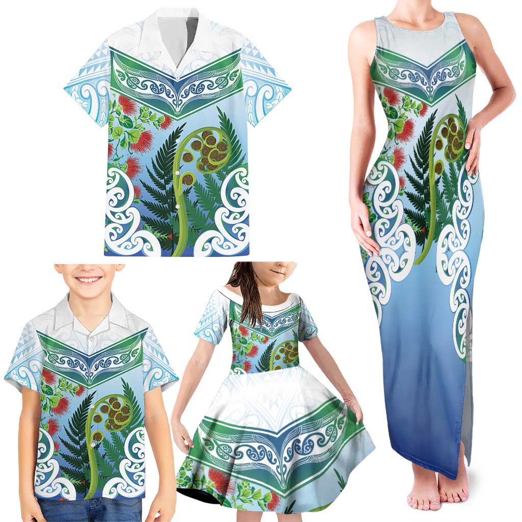 Aotearoa New Zealand Natural Plants Family Matching Tank Maxi Dress and Hawaiian Shirt Pohutukawa with Silver Ferns Koru Frond Maori Tattoos LT03 - Polynesian Pride