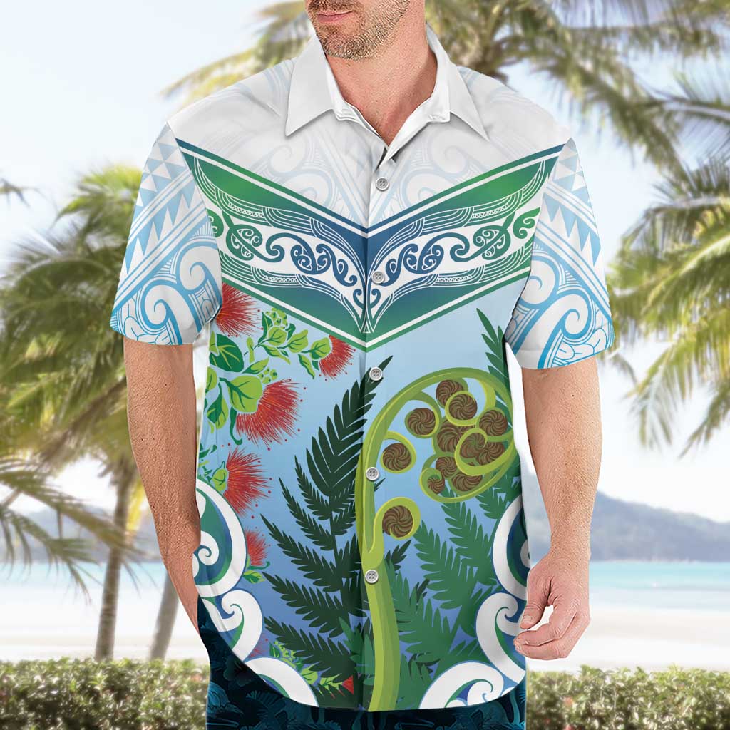 Aotearoa New Zealand Natural Plants Hawaiian Shirt Pohutukawa with Silver Ferns Koru Frond Maori Tattoos